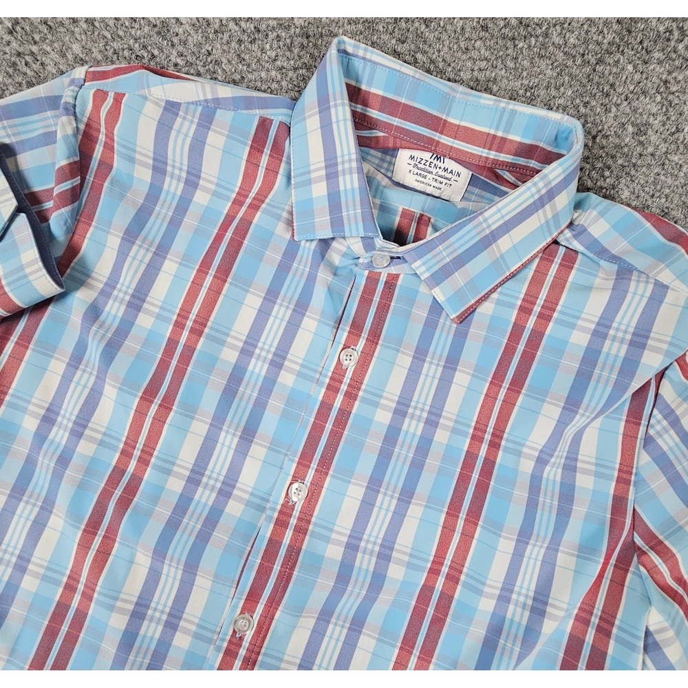 Mizzen+Main Mens XL Trim Fit Plaid Performance Dress Shirt Blue Red Stretch